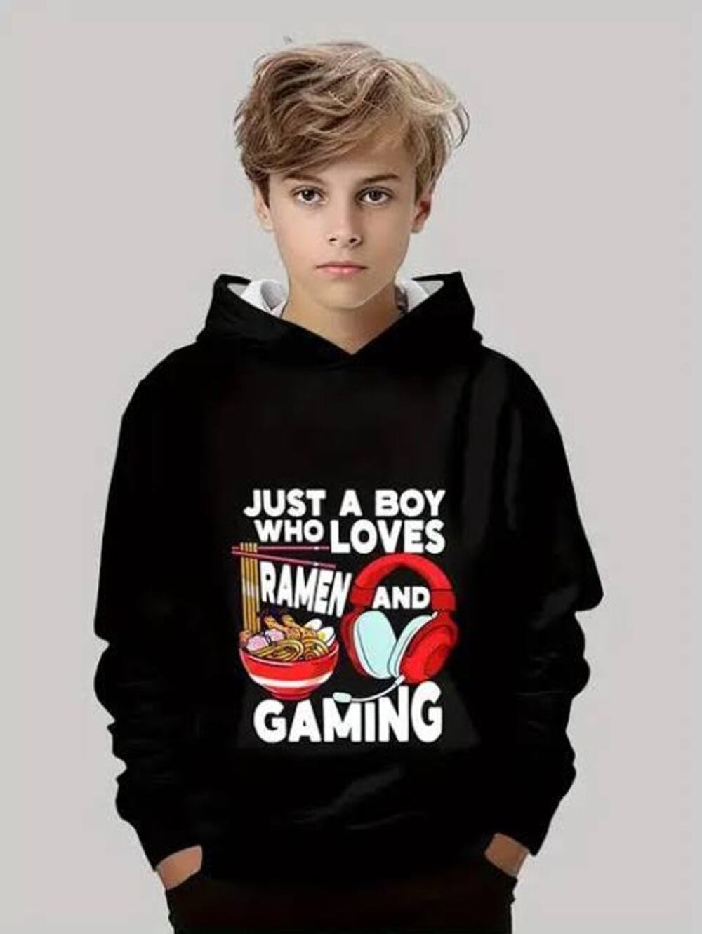 Shein Boy's Black Long Sleeve Graphic Hoodie, Size Y10/12